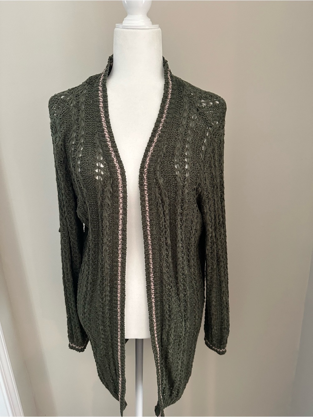 Olive Open-Front Knit Cardigan with Pink Contrast Trim